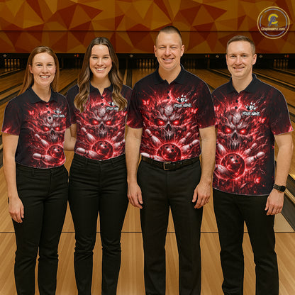 Personalized Red Butterfly Skull Bowling Shirt For Men Custom Bowling Jersey Polo & 1/4 Zip TDM6385