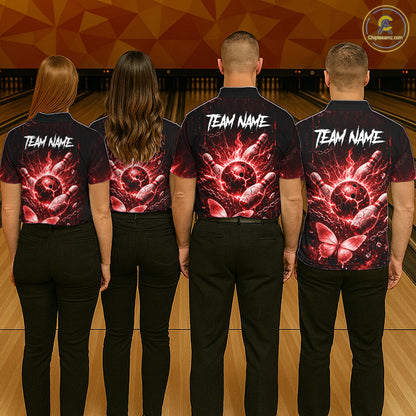 Personalized Red Butterfly Skull Bowling Shirt For Men Custom Bowling Jersey Polo & 1/4 Zip TDM6385