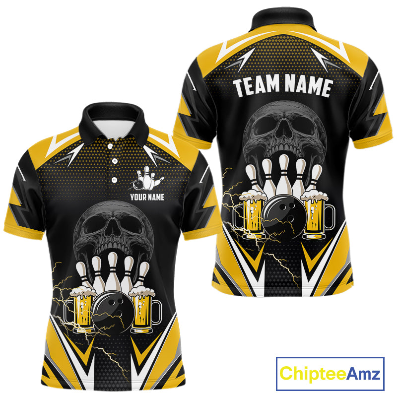 Yellow Black Funny Beer Skull Bowling Shirt For Men Custom Bowling Team Jersey Polo & 1/4 Zip TDM6388
