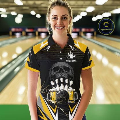 Yellow Black Funny Beer Skull Bowling Shirt For Women Custom Bowling Team Jersey Polo & 1/4 Zip TDM6388