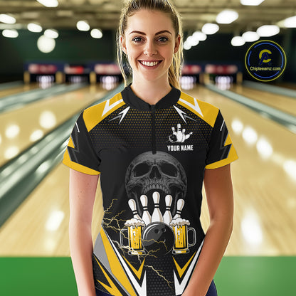 Yellow Black Funny Beer Skull Bowling Shirt For Women Custom Bowling Team Jersey Polo & 1/4 Zip TDM6388