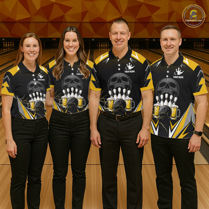 Yellow Black Funny Beer Skull Bowling Shirt For Men Custom Bowling Team Jersey Polo & 1/4 Zip TDM6388