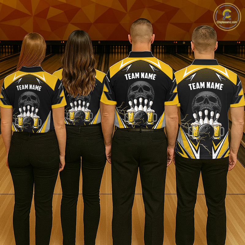 Yellow Black Funny Beer Skull Bowling Shirt For Men Custom Bowling Team Jersey Polo & 1/4 Zip TDM6388
