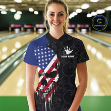 Load image into Gallery viewer, Custom American Flag Skull Bowling Jersey For Women, Patriotic Bowling Team Shirt Polo &amp; 1/4 Zip TDM6389