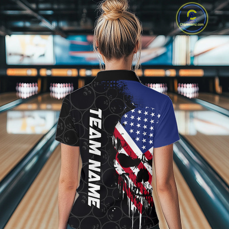 Custom American Flag Skull Bowling Jersey For Women, Patriotic Bowling Team Shirt Polo & 1/4 Zip TDM6389