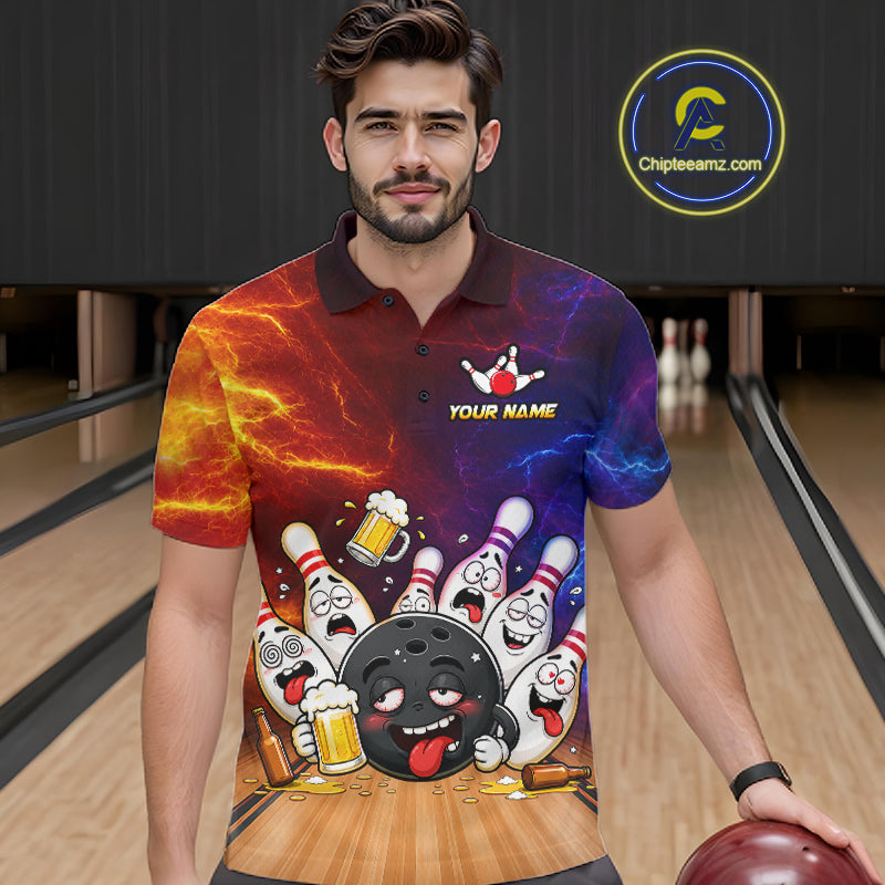Man wearing custom lightning drunk bowling balls and pins bowling team jersey polo shirt featuring funny bowling balls and pins artwork, front view.