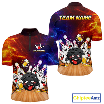 Custom lightning drunk bowling balls and pins bowling team jersey quarter zip shirt for men featuring lightning bowling balls and pins graphics, premium custom bowling apparel.