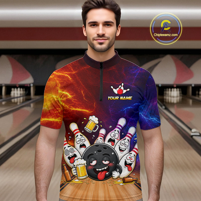 Man wearing custom lightning drunk bowling balls and pins bowling team jersey quarter zip shirt featuring bowling balls and pins artwork, front view.
