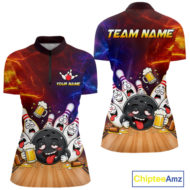 Custom lightning drunk bowling balls and pins bowling team jersey quarter zip shirt for women featuring lightning bowling balls and pins graphics, premium custom bowling apparel.