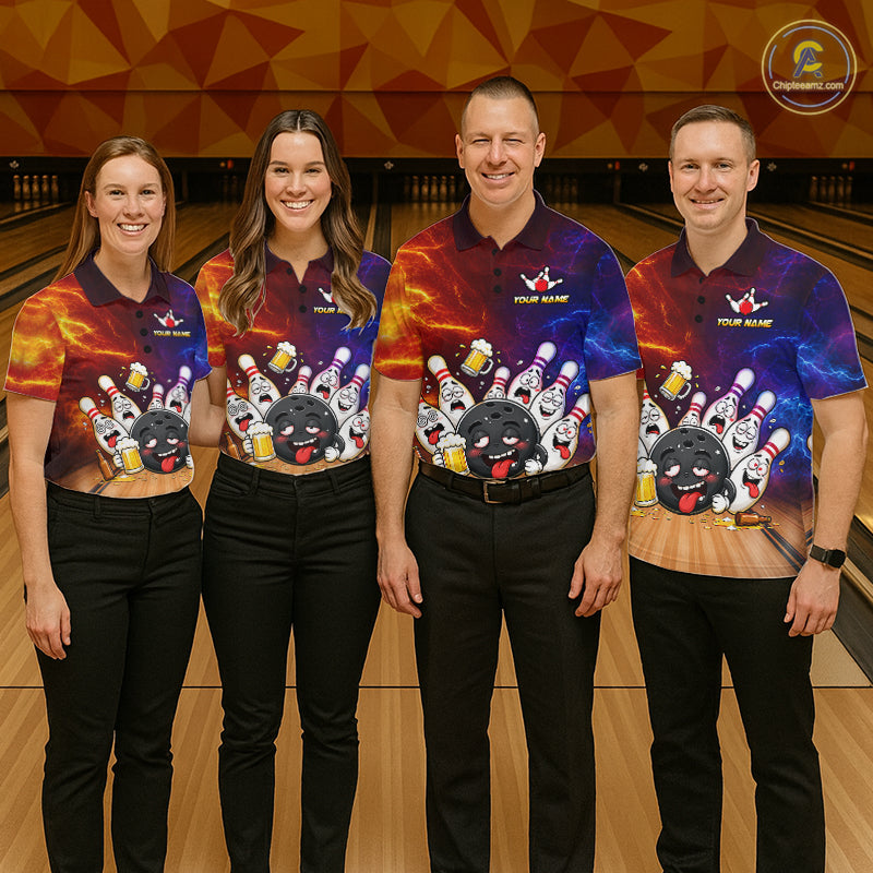 Bowling team wearing matching custom lightning drunk bowling balls and pins bowling team jerseys, front view.