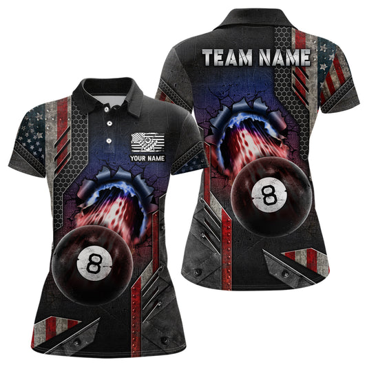 Billiard Ball 8 American Flag Personalized Name 3D Polo Shirts For Women, Patriotic Billiard Shirts TDM0189
