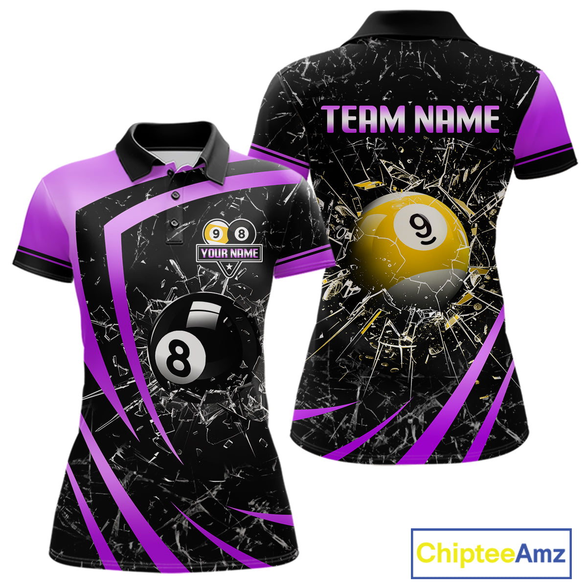 Black And Purple 8 Ball & 9 Ball Glass Break Billiard Shirt For Women Custom Pool Team Jersey Outfit TDM6152