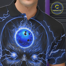 Load image into Gallery viewer, Personalized Lightning Skull Blue Bowling Shirt For Men, Bowling Team Jersey Polo &amp; 1/4 Zip TDM6159