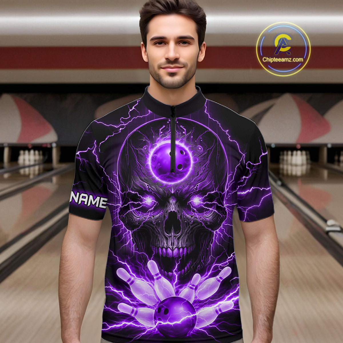 Personalized Lightning Skull Purple Bowling Shirt For Men, Bowling Team Jersey Polo & 1/4 Zip TDM6161