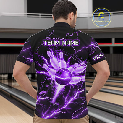 Personalized Lightning Skull Purple Bowling Shirt For Men, Bowling Team Jersey Polo & 1/4 Zip TDM6161