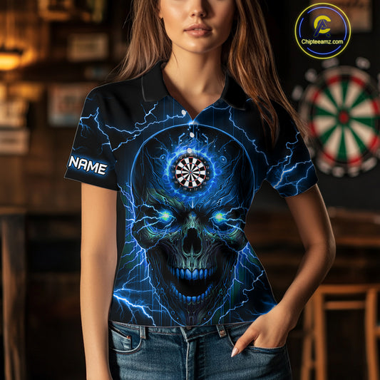 Personalized Blue Darts Skull Women Polo Shirts Custom Lightning Thunder Team League Darts Jersey TDM1511