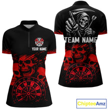 Load image into Gallery viewer, Custom Women's Grim Reaper Dart Shirt – Black Red Grunge Darts Jersey Team Polo &amp; Quarter Zip Styles TDM4067