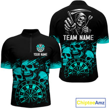 Load image into Gallery viewer, Custom Men's Grim Reaper Dart Shirt – Black Cyan Grunge Dart Jersey Team Polo &amp; Quarter Zip Style TDM4068