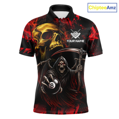 Red Grim Reaper Skull 8 Ball Billiard Pool Polo Shirt Featuring Striking Skull Artwork for Pool League Players, Team Competition, and Tournament Matches