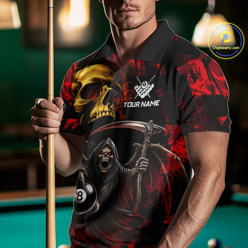 Man Wearing Red Grim Reaper Skull 8 Ball Billiard Polo Shirt with Athletic Performance Fit and Powerful Skull Graphic, Front View