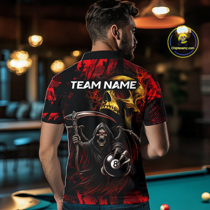 Man Wearing Red Grim Reaper Skull 8 Ball Custom Billiard League Team Jersey Featuring the Complete Rear Artwork, Back View