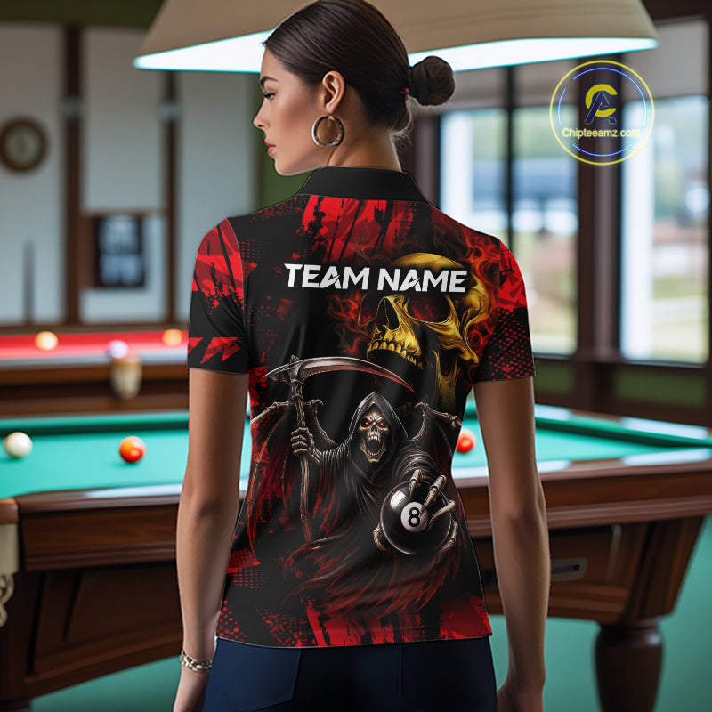 Woman Wearing Red Grim Reaper Skull 8 Ball Custom Billiard League Team Jersey Featuring the Complete Rear Artwork, Back View