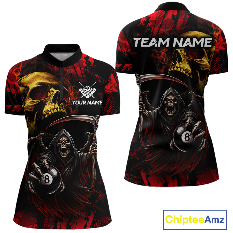 Red Grim Reaper Skull 8 Ball Quarter Zip Billiard Shirt Created for Pool League Teams with Performance Fabric and Custom Tournament Jersey Design