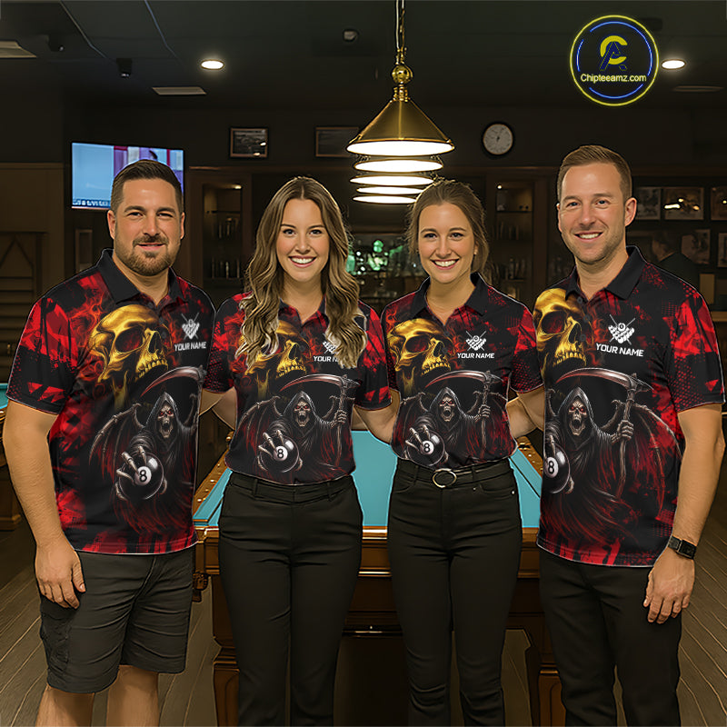 Pool Team Wearing Red Grim Reaper Skull 8 Ball Billiard Jerseys During League Matches and Tournament Competition, Front View