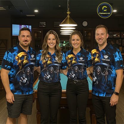 Pool Team Wearing Blue Grim Reaper Skull 8 Ball Billiard Jerseys During League Competition and Tournament Events, Front View