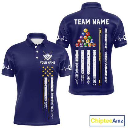 Navy blue polo shirt with personalized text, featuring pool ball design and American flag.