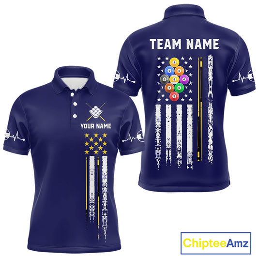 Navy Blue American Flag 9 Ball Billiard Polo Shirt with Customizable Name and Team Name