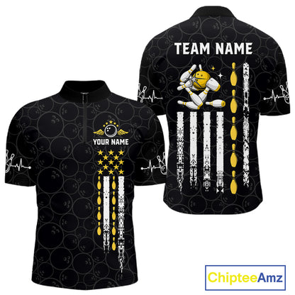 American Flag Black Bowling Shirts For Men Custom Patriotic Bowling Team Jersey Polo & 1/4 Zip TDM6588