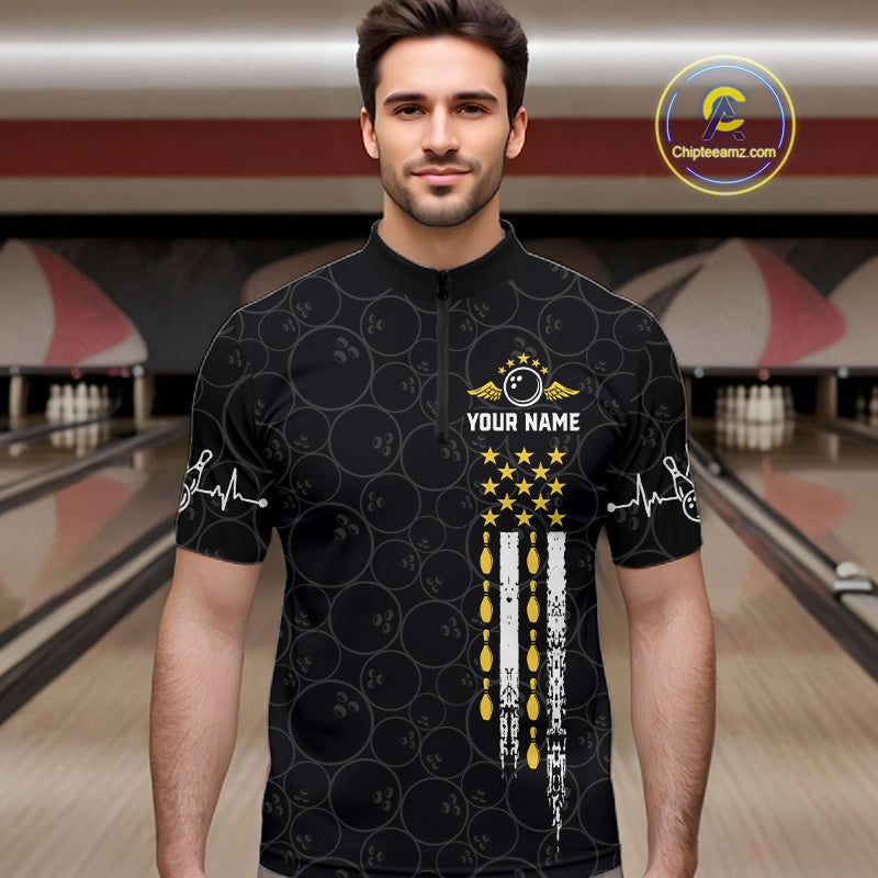 American Flag Black Bowling Shirts For Men Custom Patriotic Bowling Team Jersey Polo & 1/4 Zip TDM6588