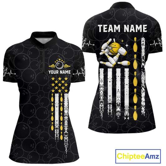 American Flag Black Bowling Shirts For Women Custom Patriotic Bowling Team Jersey Polo & 1/4 Zip TDM6588