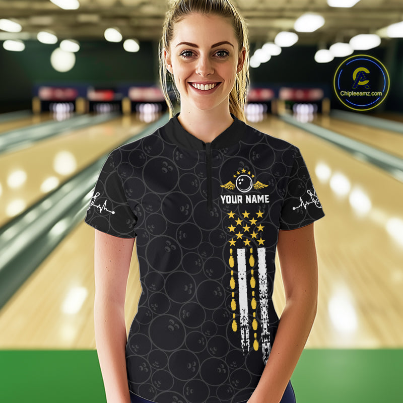 American Flag Black Bowling Shirts For Women Custom Patriotic Bowling Team Jersey Polo & 1/4 Zip TDM6588