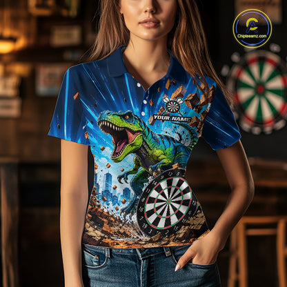Woman Wearing Personalized Dinosaur Funny Darts Polo Shirt with Athletic Performance Fit and Vibrant Dinosaur Graphic Artwork, Front View