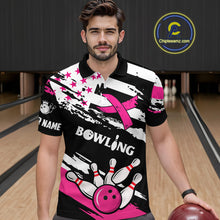 Load image into Gallery viewer, Breast Cancer Awareness American Flag Bowling Shirt For Men Custom Pink Ribbon Bowling Team Jersey TDM4655