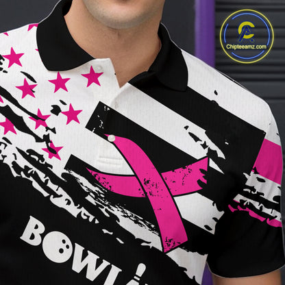 Breast Cancer Awareness American Flag Bowling Shirt For Men Custom Pink Ribbon Bowling Team Jersey TDM4655