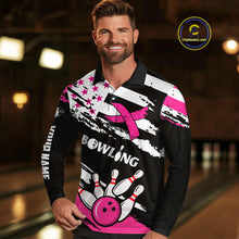 Load image into Gallery viewer, Breast Cancer Awareness American Flag Bowling Shirt For Men Custom Pink Ribbon Bowling Team Jersey TDM4655