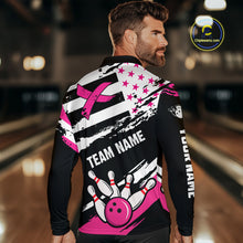 Load image into Gallery viewer, Breast Cancer Awareness American Flag Bowling Shirt For Men Custom Pink Ribbon Bowling Team Jersey TDM4655