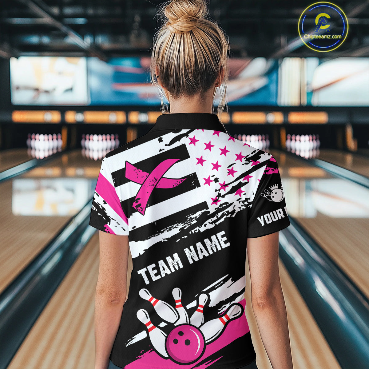Breast Cancer Awareness American Flag Bowling Shirt For Women Custom Pink Ribbon Bowling Team Jersey TDM4655