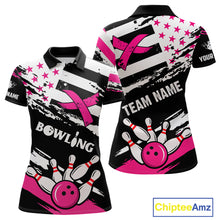 Load image into Gallery viewer, Breast Cancer Awareness American Flag Bowling Shirt For Women Custom Pink Ribbon Bowling Team Jersey TDM4655