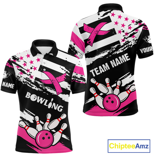 Breast Cancer Awareness American Flag Bowling Shirt For Men Custom Pink Ribbon Bowling Team Jersey TDM4655