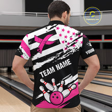 Load image into Gallery viewer, Breast Cancer Awareness American Flag Bowling Shirt For Men Custom Pink Ribbon Bowling Team Jersey TDM4655