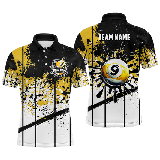 Personalized Billiard 9 Ball Grunge Style Men Polo Shirts, 9 Ball Pool Billiard Attire Jerseys TDM1136