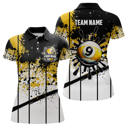 Personalized Billiard 9 Ball Grunge Style Women Polo Shirts, 9 Ball Pool Billiard Attire Jerseys TDM1136
