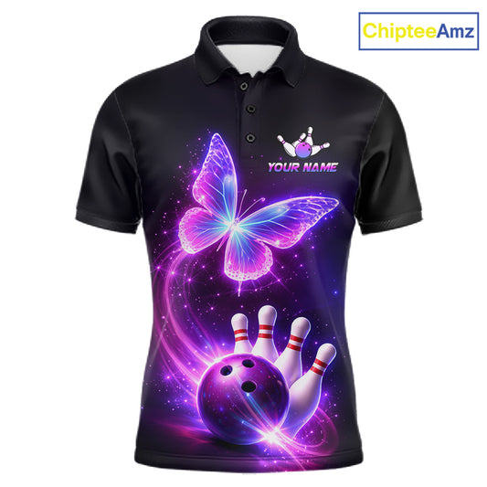 Black polo shirt with butterfly and bowling design, customizable your name & team name
