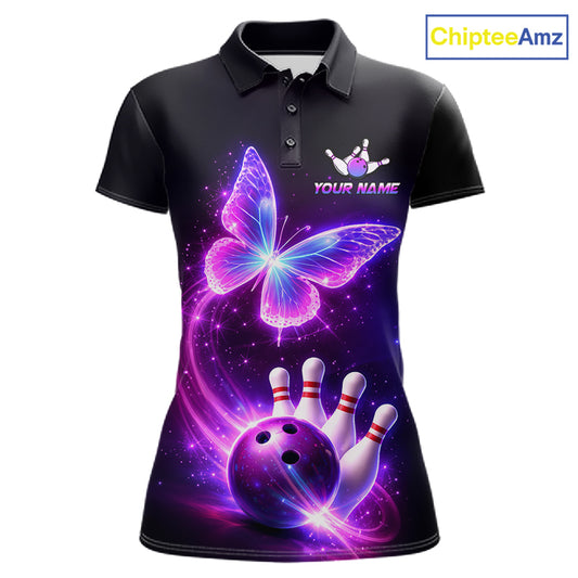 Black polo shirt with butterfly and bowling design, customizable your name & team name