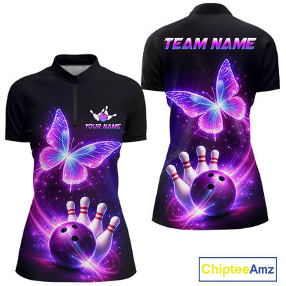 Black quarter zip shirt with butterfly and bowling design, customizable your name & team name