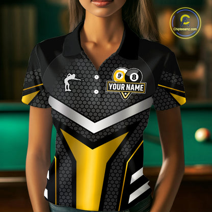Personalized Billiard 8 Ball & 9 Ball Pool Polo, 1/4 Zip For Women Custom Team Billiard Jersey|Yellow TDM4255
